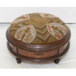 A Victorian inlaid walnut and beadwork covered footstool, with turned bun feet, height 16.