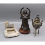 A Chinese bronze buddha, on a hardwood stand, height 20cm, a bronze incense burner,