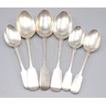 Three late Victorian plain fiddle pattern tablespoons and three matching dessert spoons,