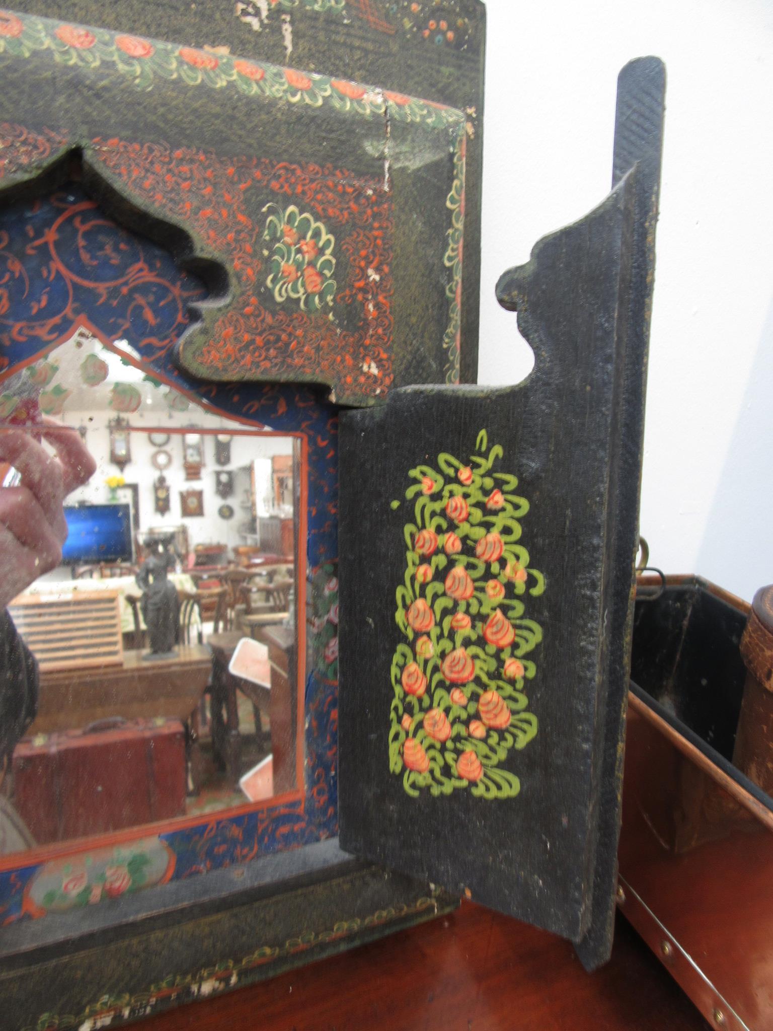 A Persian wall mirror, in a painted wood cabinet with a pair of doors decorated with figures, - Image 7 of 9