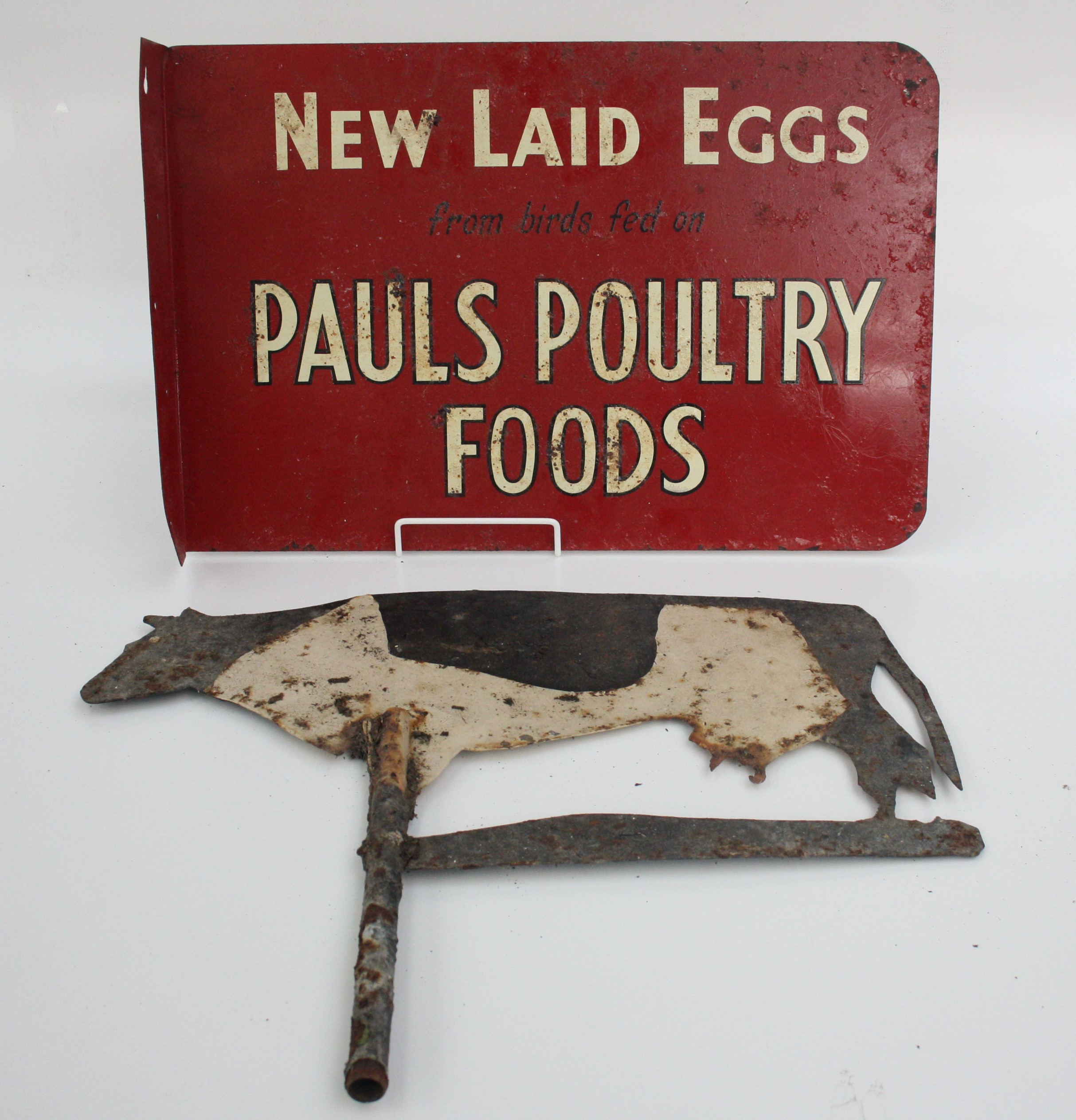 A farmer's advertising sign 'New Laid Eggs from birds fed on Pauls Poultry Foods', double sided 30.
