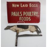 A farmer's advertising sign 'New Laid Eggs from birds fed on Pauls Poultry Foods', double sided 30.