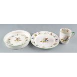 An M.F.& Co. Ltd porcelain nursery set, comprising of a bowl 'Where's dat bird!', diameter 16.