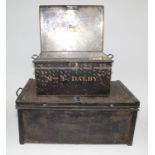 Two tin trunks, one inscribed 'Mrs F Dalby', width 42cm, the other width 63.