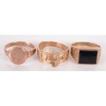 An Edwardian Chester hallmarked 9ct gold signet ring and two other 9ct rings, 13.9g.