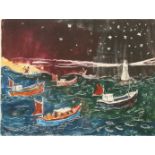 Ian DUNLOP Mackerel Fleet & Lighthouse Oil on paper Signed 19 x 26cm