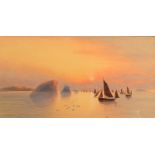 SYDNEY E HART The Fishing Fleet at Sunrise Watercolour Signed 32 x 59cm