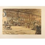 MUIRHEAD BONE Erecting Aeroplanes Lithograph Signed and embossed 1918 28 x 43 cm