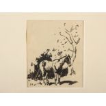 Charles Walter SIMPSON Horse Under Tree Pen and ink Gallery label on the back 10 x 8 cm