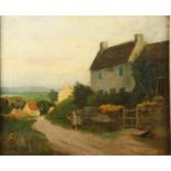 C WELCH Figures by a cottage Oil on canvas Indistinctly signed and dated 1922 30 x 35cm