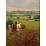 Alfred HARTLEY Ploughing on the Bergholt Slopes Oil on board Signed Old gallery label to the