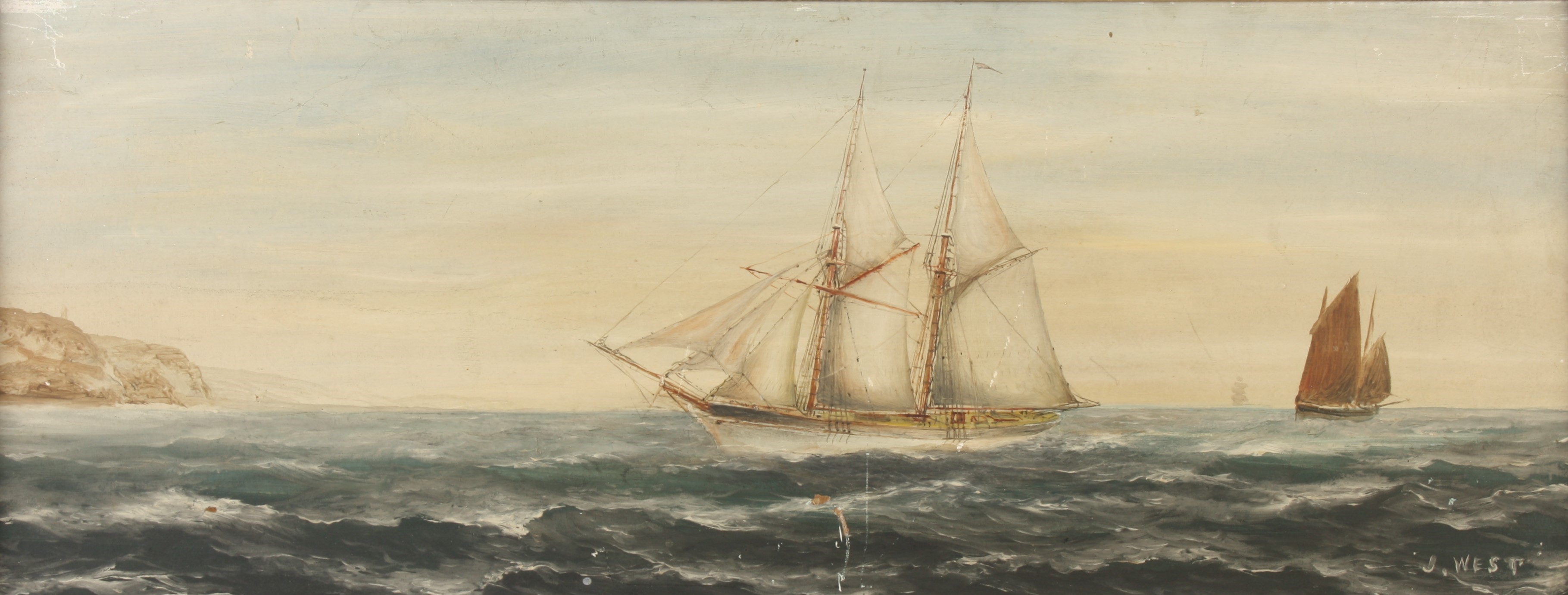 John Henry WEST Shipping off the Falmouth coast Oil on board Signed 22.