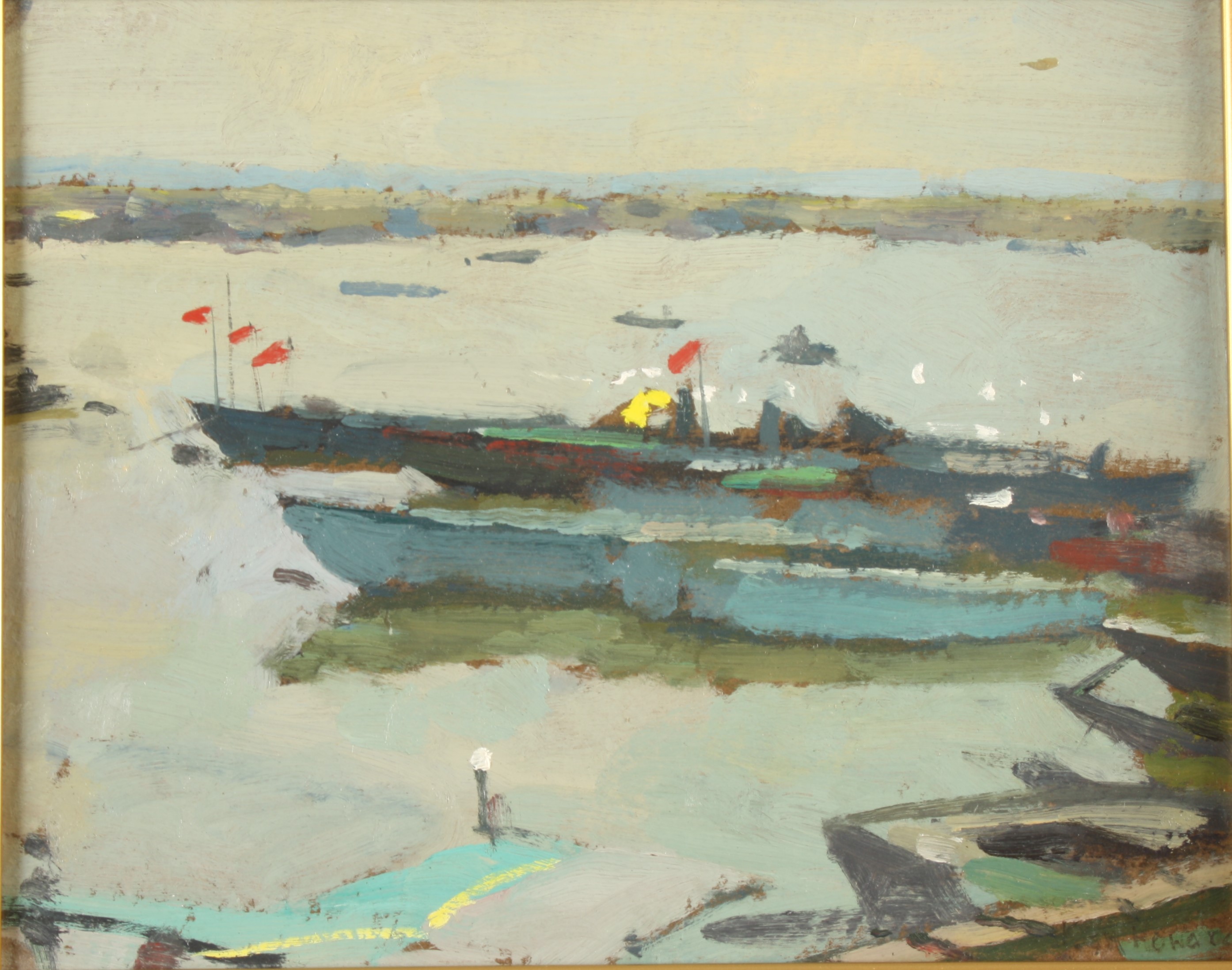 Ken HOWARD Fishing Boats Lagoon Venice Oil on board Signed Inscribed and dated 2014 to the