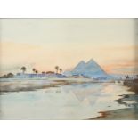Beamsley BRADBURN Pyramids Watercolour Signed 25 x 34cm Together with an engraving 'Dublin Bay'