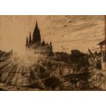 LIONEL AGGETT Cathedral Charcoal Initialled Together with a collection of 16 postcard size