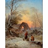 George Augustus WILLIAMS A Winters Morning Oil on board Monogrammed Old label to the back 25 x