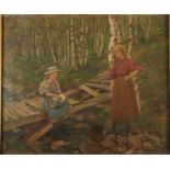 Otto HAGBORG Washing pans in a woodland stream Oil on canvas Signed 50 x 60cm Together with one