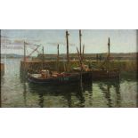 H A MINTON Penzance Drifters in Mousehole Harbour Oil on canvas Signed 34 x 60cm (See