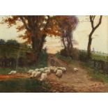 John Sanderson WELLS Shepherd and sheep on a lane Watercolour Signed 12 x 16.