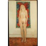 Ken SYMONDS Nude Standing Against Carpet Oil on canvas Signed Inscribed to the back 91 x 56.