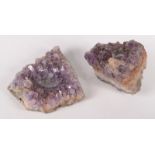 Two amethyst crystal specimens, 15 x 14 x 4.5cm and 12 x 10 x 9cm.