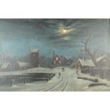 An oil on canvas, a moonlit winter landscape, gilt frame, 59.6 x 90.4cm.