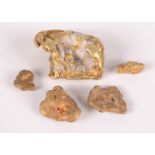 Three small river washed gold ingots and another amalgamated with quartz measures 17mm maximum,