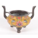 A Chinese bronze and cloisonne censer, four character seal mark to base, height 14cm, width 19.2cm.