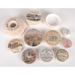 Miscellaneous pot lids, to include two Pratt Ware, Stephens Potted Fish and Meats,