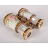 A pair of gilt metal, mother of pearl and enamelled opera glasses, 19th century,