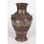 A Japanese bronze vase, 19th century, with three horizontal bands of floral and abstract decoration,