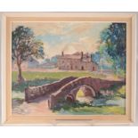 An oil on board painting of a house and a bridge, signed Hardacre,