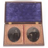 A pair of gilt framed ambrotypes, of a boy and girl, in a floral decorated bakelite case, 15.7 x 9.