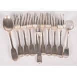 Nine plain fiddle pattern silver dessert forks,