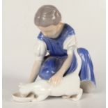 A Bing & Grondahl porcelain figure of a girl and her cat, green painted no.