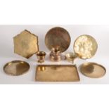 Six Chinese brass trays, largest 17.2 x 27cm and three other brass pieces.