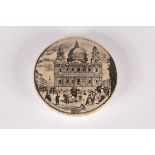 A reproduction pot lid inscribed 'St Pauls Cathedral London Entered At Station End Hall',