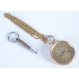 A 14ct gold cased fob watch with coloured gold open face dial and keywind movement on gold rope