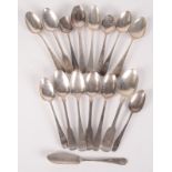 Fifteen small silver spoons and a silver butter knife, 7.6oz.