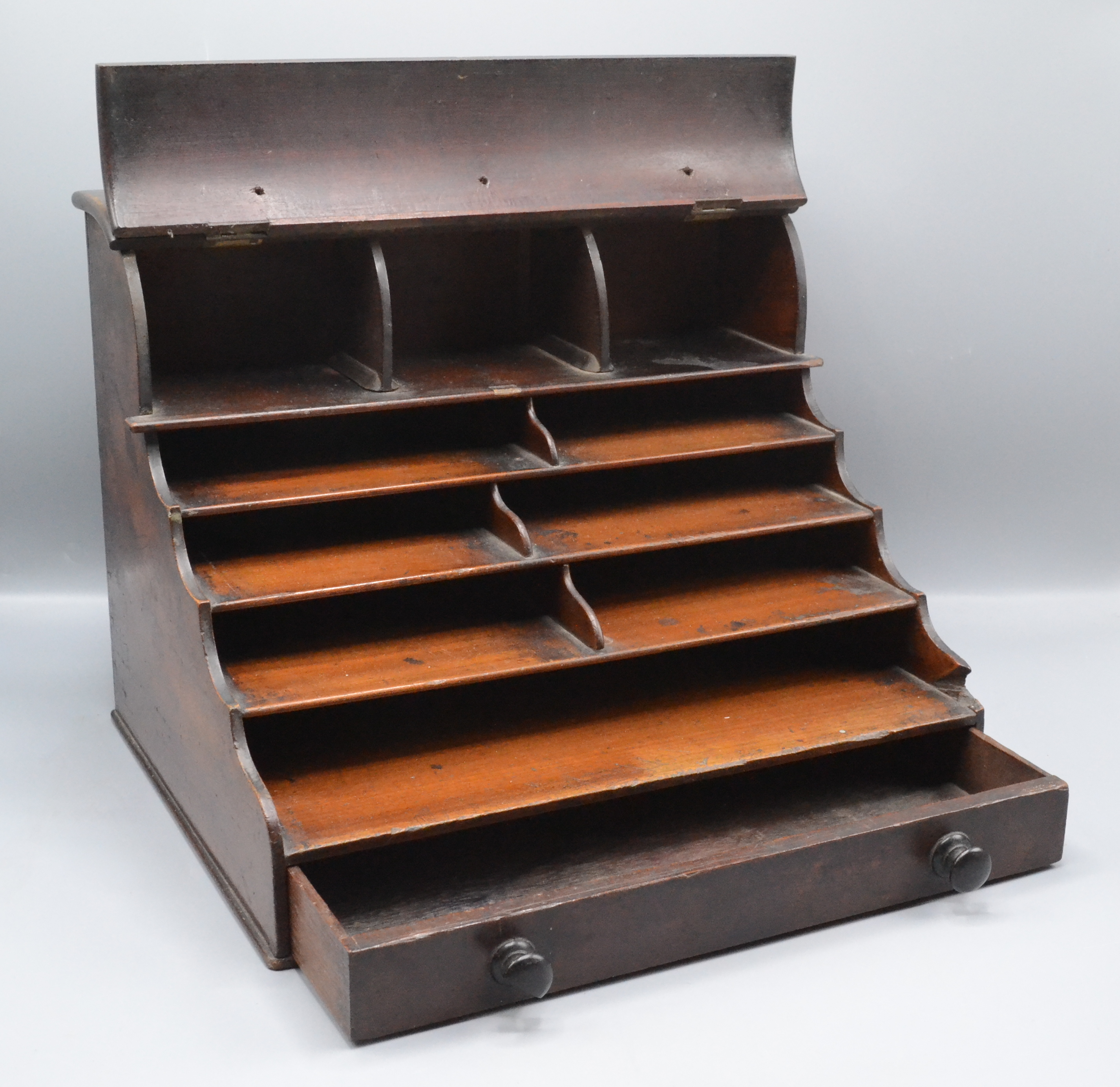 A mahogany stationary cabinet, 19th century, the hinged cover opening to reveal three compartments, - Image 2 of 2