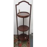 An inlaid mahogany three tier folding cake stand, early 20th century, height 100cm, width 29cm,