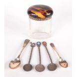 Five silver spoons, together with a silver mounted toilet jar.