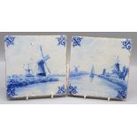 Two Dutch delft pottery tiles, 18th century, both decorated with windmills beside canals, 13.