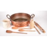 A circular copper twin handled pan, diameter 37.5cm and miscellaneous items.