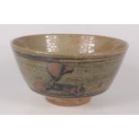 A Leach studio pottery footed bowl, with abstract tenmoku glaze decoration, height 12cm,
