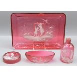 A Mary Gregory cranberry glass tray, 24.3 x 17cm and three other pieces.