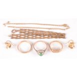 A 9ct gold buckle ring, two other 9ct gold rings, a gold bracelet and other gold, 11g.