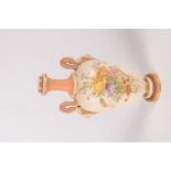 A Royal Worcester ivory ground vase, painted with floral sprays, the twin handles with lion masks,