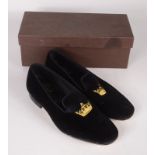 A pair of Church's gentlemen's black velvet shoes, embroidered in gold thread with a crown motif,