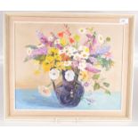 A still life oil on board, label to the back inscribed 'Painted by Edna Bridge of 2 Carn Gwavas,